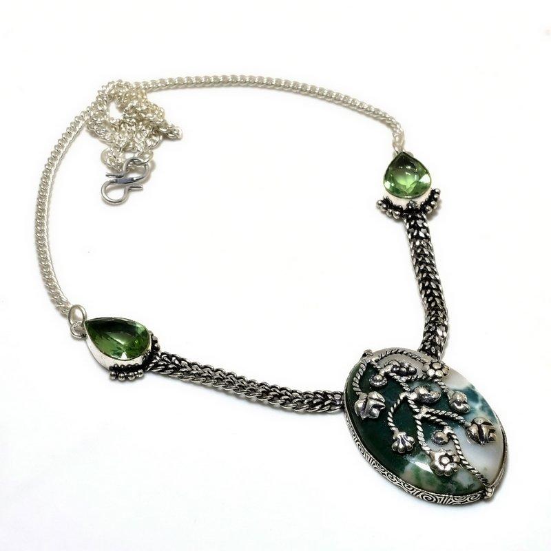 Indian Moss Agate Tsavorite Gemstone 925 Silver Plated Jewelry Necklace 18"
