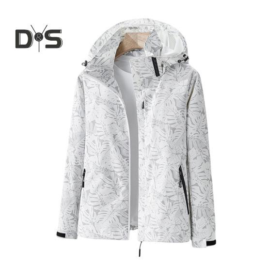 Women Jacket Stand Collar Detachable Hood Long Sleeve Casual Coat with Pockets Maple Leaves Print Zipper Placket Outwear
