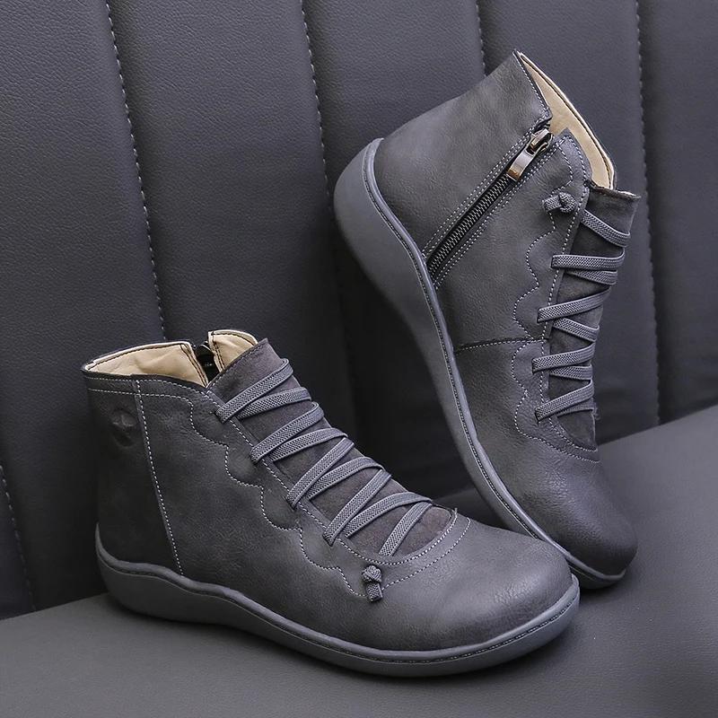 New Snow Boots  Women Winter Leather Ankle Spring Flat Shoes Woman Short Vintage Boots with Fur for Women Lace Up Goth Shoes