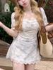 Summer Fairy Floral Mini Dress Women New Sweet Elegant Designer Clothing Female Korean High Waist Solid Y2k Square Collar Dress