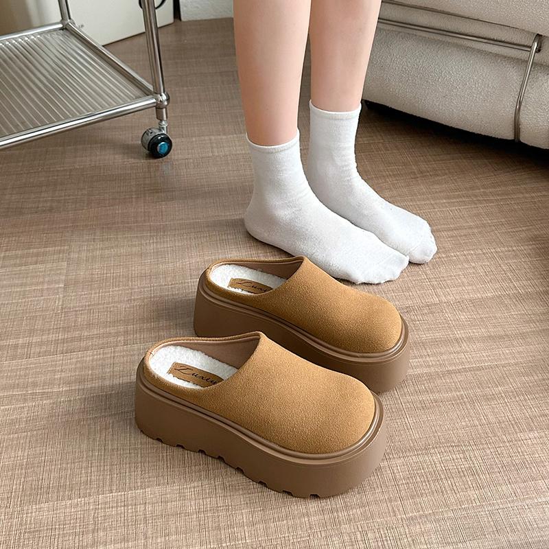 Fashion 2024 Autumn and Winter Retro New Fashion Women's Warm Plus Velvet Solid Color Thick-soled Toe-cap Cotton Slippers