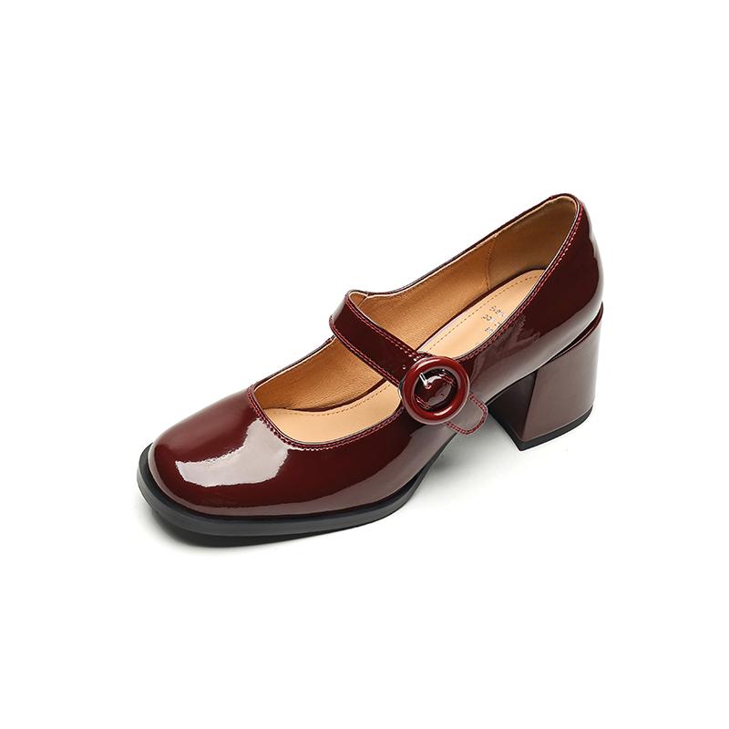 Women Pumps Thick Heels Spring Patent Leather Mary Janes Genuine Leather Round Toe Buckle Strap Retro Office Lady Shoes Woman