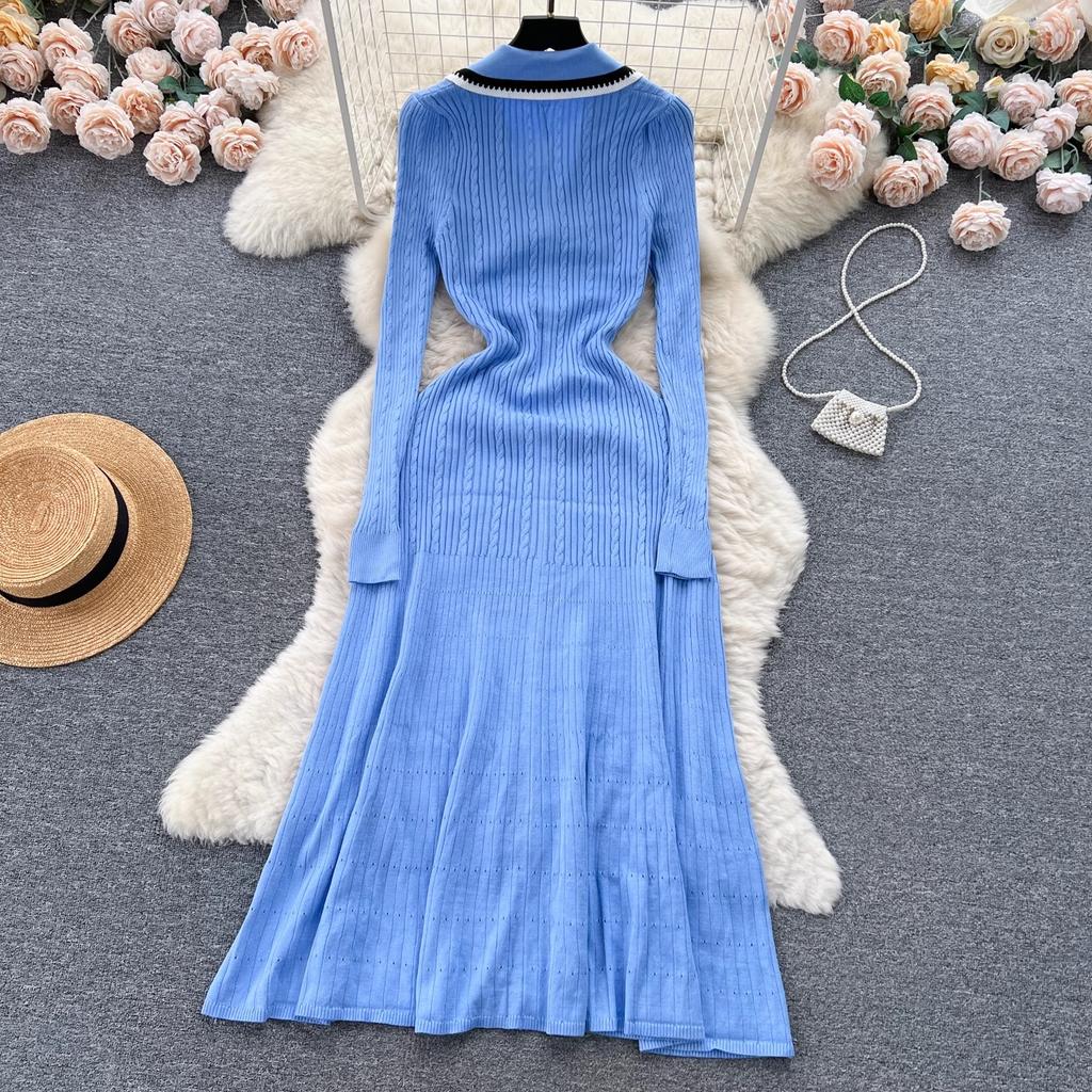 Fashion Autumn Winter Long Sleeve Knitted Maxi Dress Women Elegant Embroidery Pockets Long Sweater Dress Vestidos