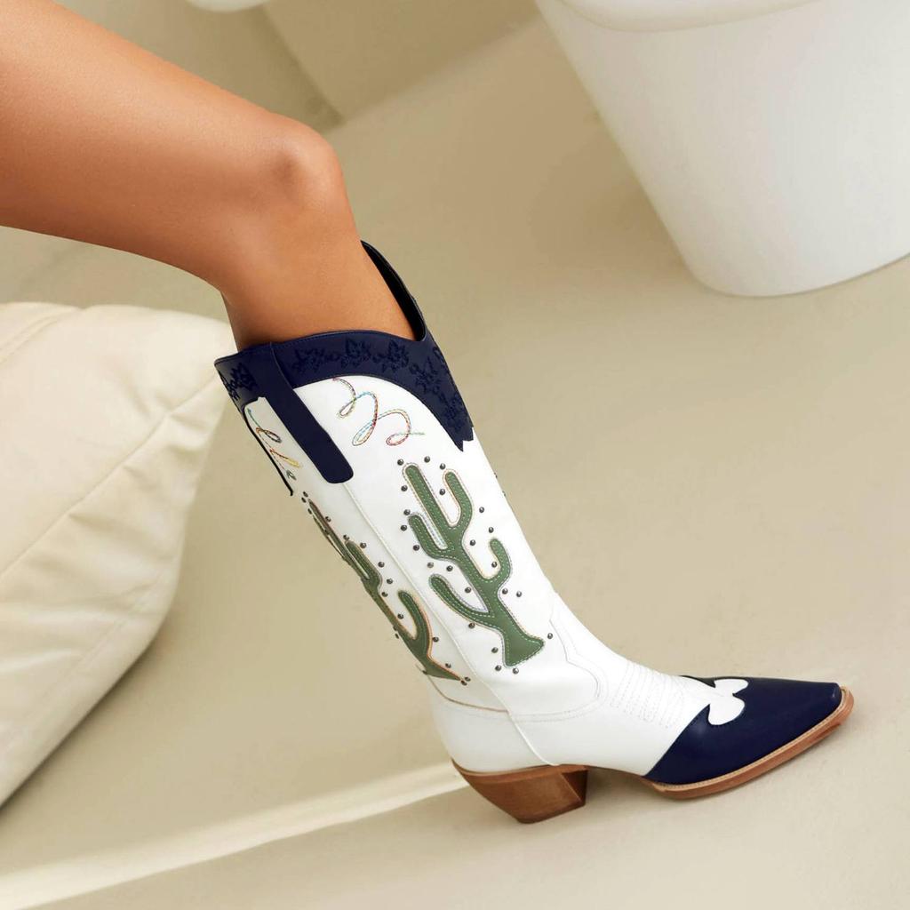 Krazing Pot PU Autumn Winter Shoes Thick High Heels Riding Boots European Design Embroidery Sewing Keep Warm Thigh High Boots