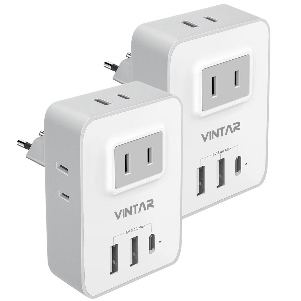 VITNAR Type C Power Adapter Converter for International Includes 4 AC 2 USB A and 1 Type C Port for and More Use, Outlets, Ports, Korea, Spain,