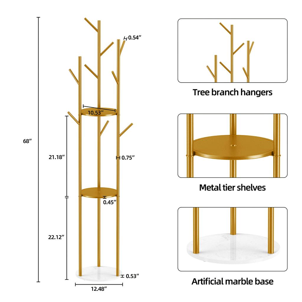 Heavy Duty Marble Coat Rack Stand Gold Metal Tall Clothes Rail Hanger for Bedroom Office Hall