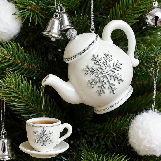 Christmas Teapot Ornament Holly Vintage Tea Cups And Pot Set Xmas Tree Hanging Ornaments 2D Acrylic Teapot Decor with Pouring Tea Effect