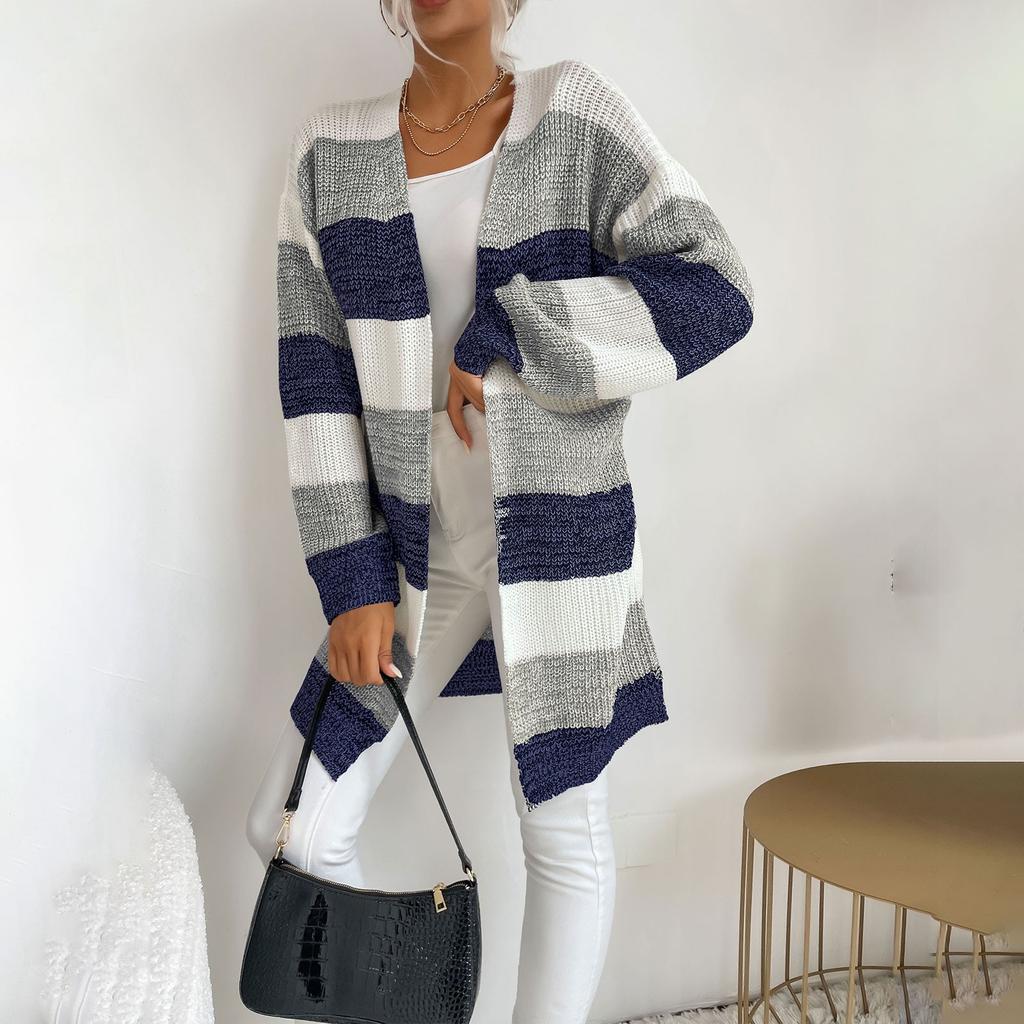 Women's Fashion Loose Early Autumn New Mid-length Knitted Cardigan Japanese Striped Color Matching Sweater Jacket