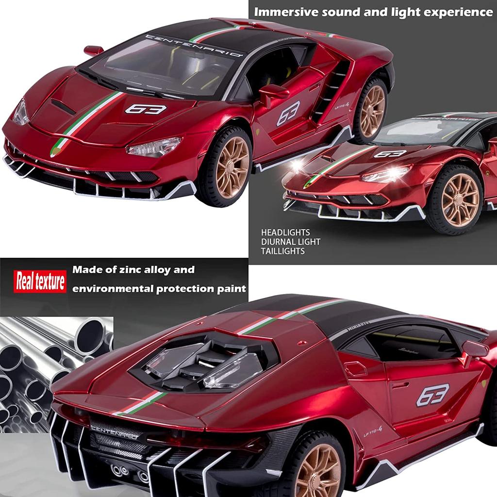 1/24 Scale LP770 Sports Racing Metal Model Diecast Car, Pull Back Vehicles with Light and Sound Toy Cars for Kids Age 3 Year and Up
