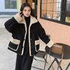 Women Winter Jacket Retro Fleece Contrast Color Thickened Plush Outerwear High Collar