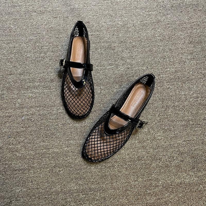 Women's Flat Shoes Autumn New Round Head Hollowed Mesh One Line Buckle Round Head Shallow Mouth Mary Jane Shoes