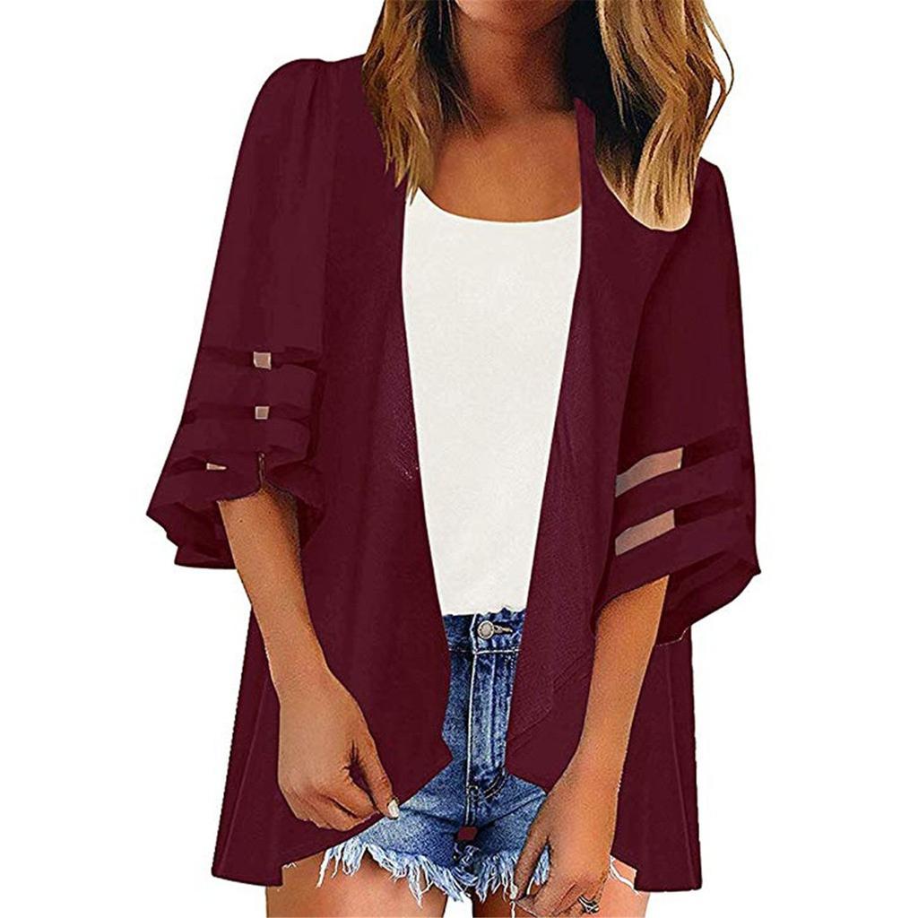 Women Mesh Panel 3/4 Bell Sleeve Pure Color Chiffon Casual Loose Kimono Cardigan
