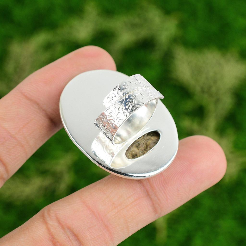 Natural Turritella Agate Gemstone Statement Adjustable Ring 925 Sterling Silver