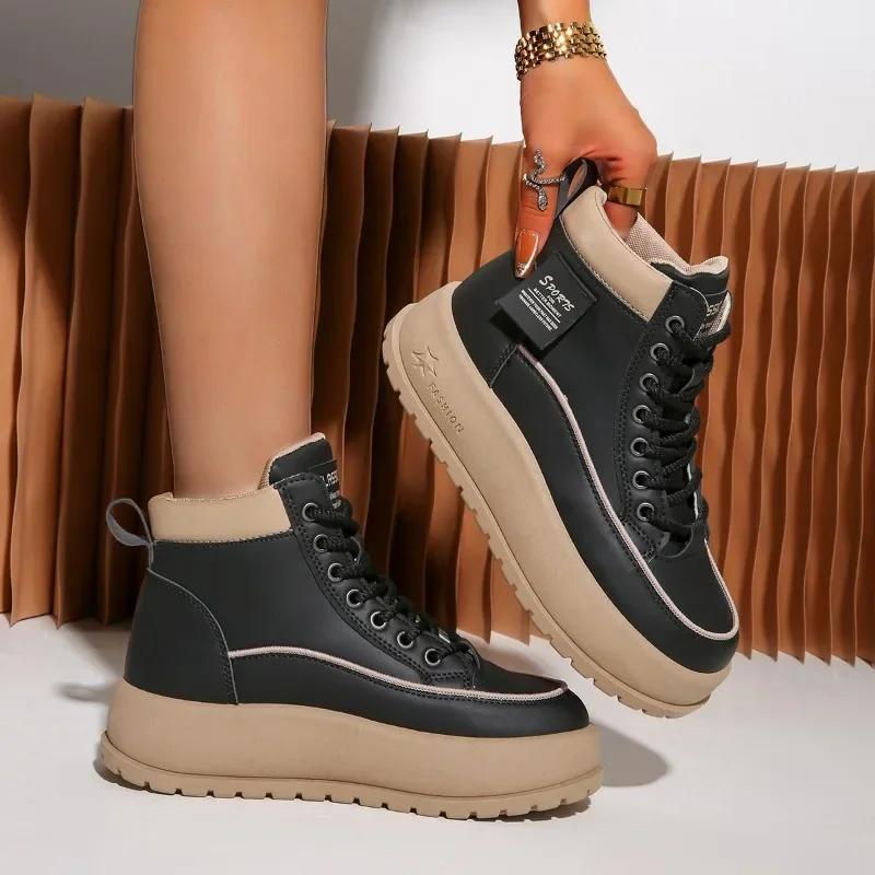 2024 Hot Sale Ladies Shoes Front Lace-up Women's Vulcanize Shoes Color Matching Winter Plus Velvet High Top Flat Shoes