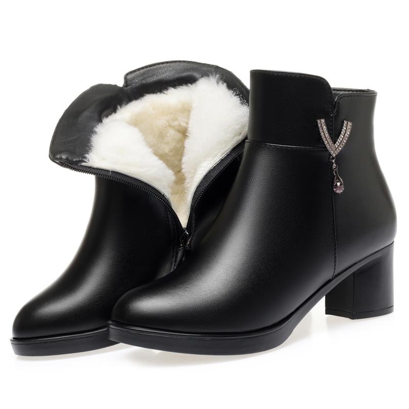 Women Boots Winter Fashion Anti-Slip Women Ankle Boots Mid Heel Natural Wool Genuine Leather Snow Boots Ladies