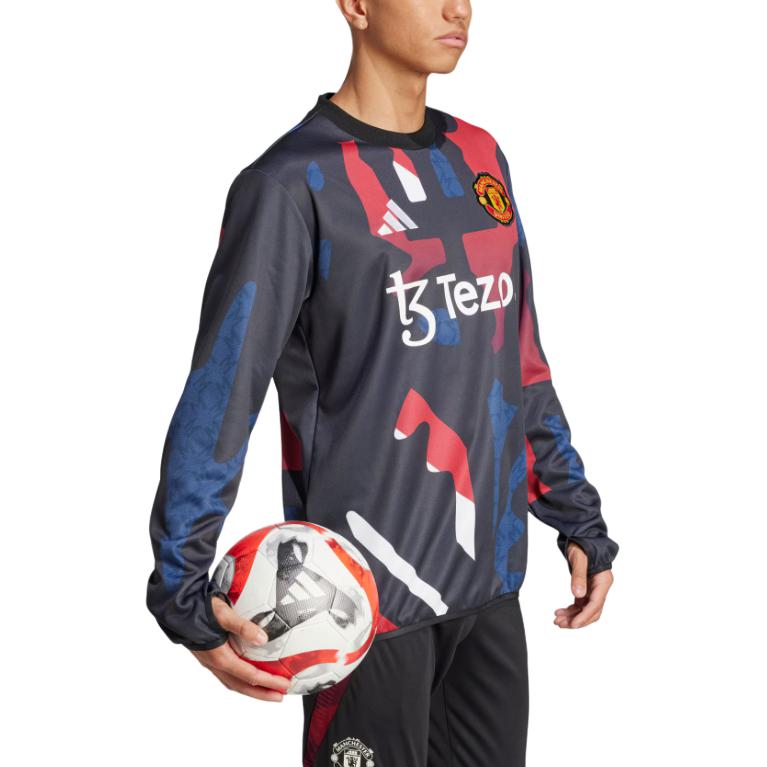 Adidas MUFC Pre Warm Top Comfortable Crew Neck Long Sleeve Football Shirt Men Tops Black Red Han-Jade-White JD7145