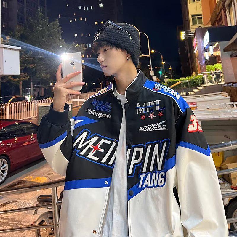 Men's Spring & Autumn American Street Racing Style Baseball Jacket - Trendy, Handsome, Loose-Fit Motorcycle Jacket