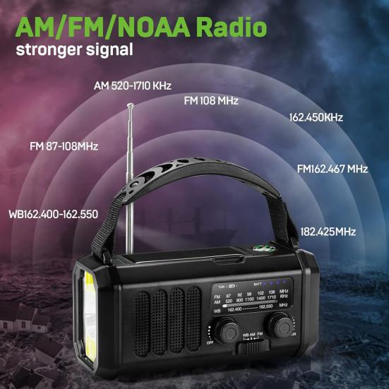 Hand Crank Emergency Radio with Flashlight SOS Alarm Compass Compact Waterproof Solar Powered Rechargeable AM/FM Radio