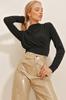 Women's Blouse New Season Fashion Black High Collar Draped Snap Fasten Sandy Bodysuit