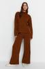 Women's Style Bottom-Top Set Clothes Brown Regular Trousers Knitwear Bottom-Top Set
