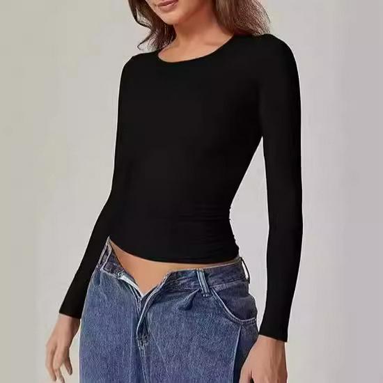 European & American Long Sleeve Round Neck Milk Silk Pullover Tops for Women