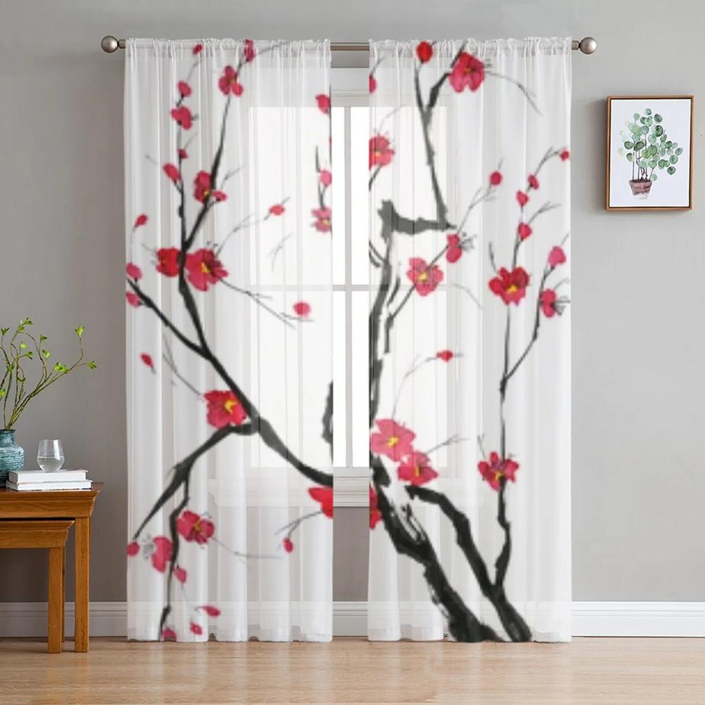 A Branch Of A Blossoming Tree Chiffon Sheer Curtains For Living Room Bedroom Decoration Window Tulle Curtains Drapes