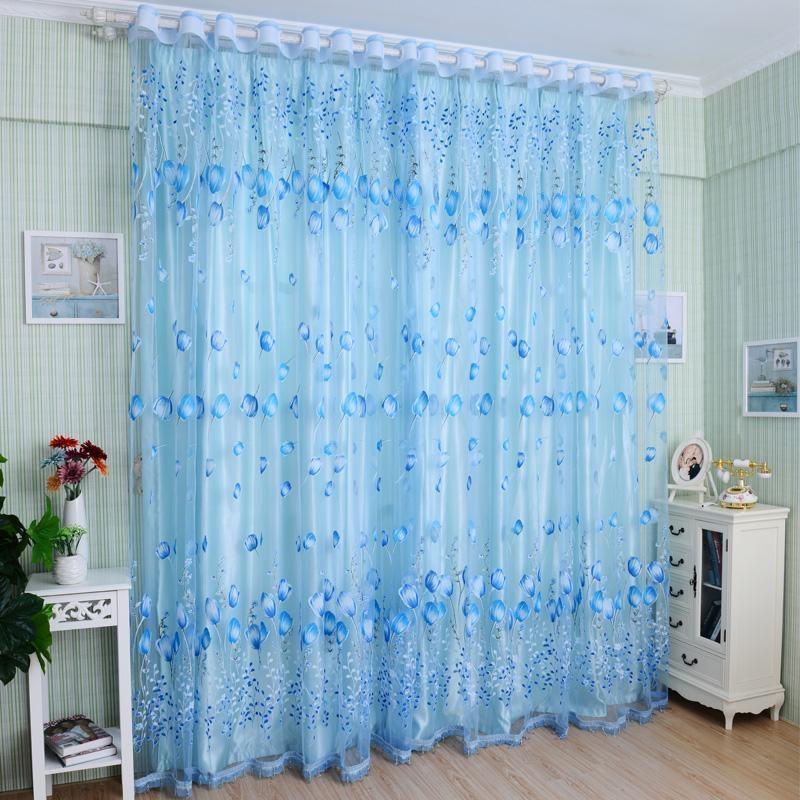 Tulip Flower Sheer Window Curtain Beads Tassel Door Scarf Drapes Valance Home Supplies