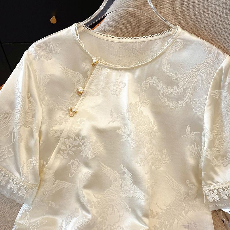 Summer New Short-sleeved Button-down Shirt Silk Fashion Large-size Temperament Shirt Top Women