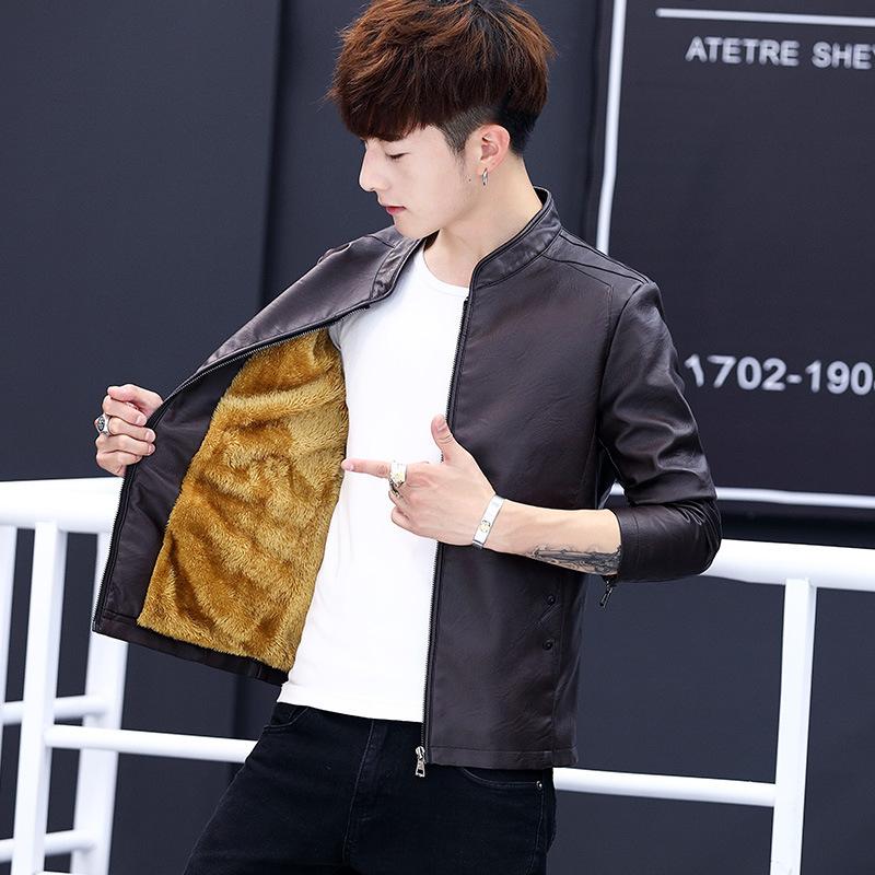 Men's Leather Jacket Spring and Autumn Middle and Young Motorcycle Style Trendy PU Leathe Jacket Plu Velvet Thickened Slim Stand Collar Jacket for Men