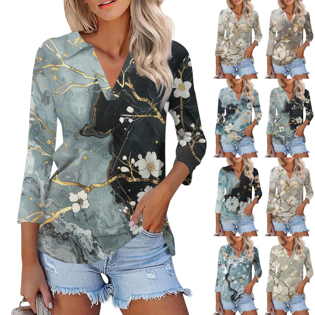 Women's Summer Fashion Casual Print V-Neck Three Quarter Sleeve Shirt Top
