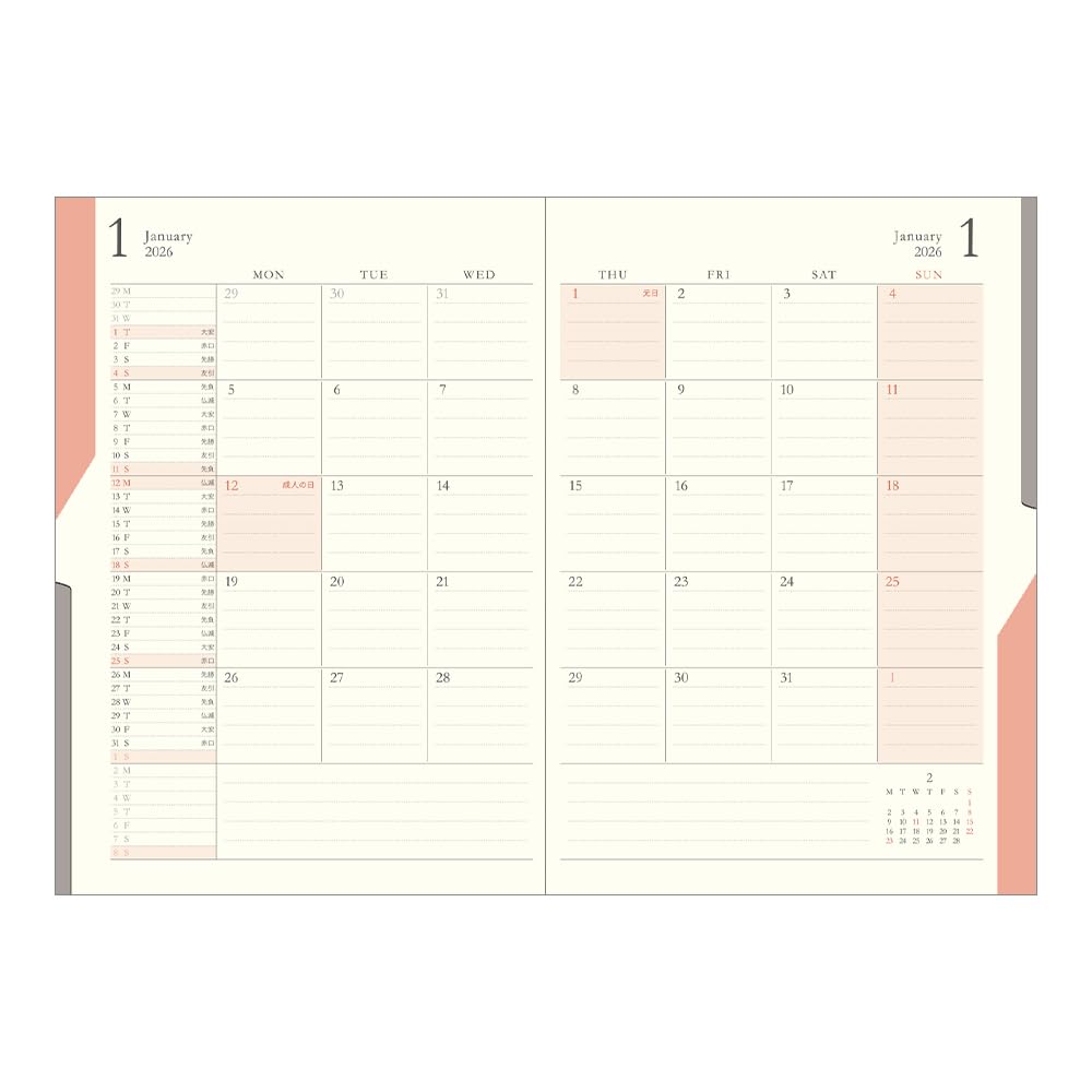 Midori Double Schedule Planner, 2026, B6, Monthly, Limited Edition, Bookmark Included, Money, Pink, 22385006 (Starts October 2025)