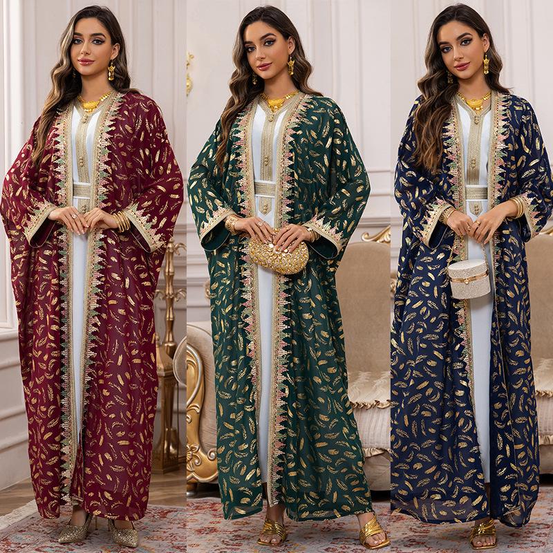 AB454 Women's Plus Size Dubai Chiffon Abaya Set - Three-Piece Middle Eastern Cardigan Long Dress with Hot Stamping