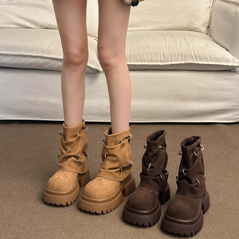 Autumn Winter Thick High Heels Women Mid Calf Boots 2025 Hot Sale Gothic Calves Motorcycles Boots Buckle Comfy Walking Boots