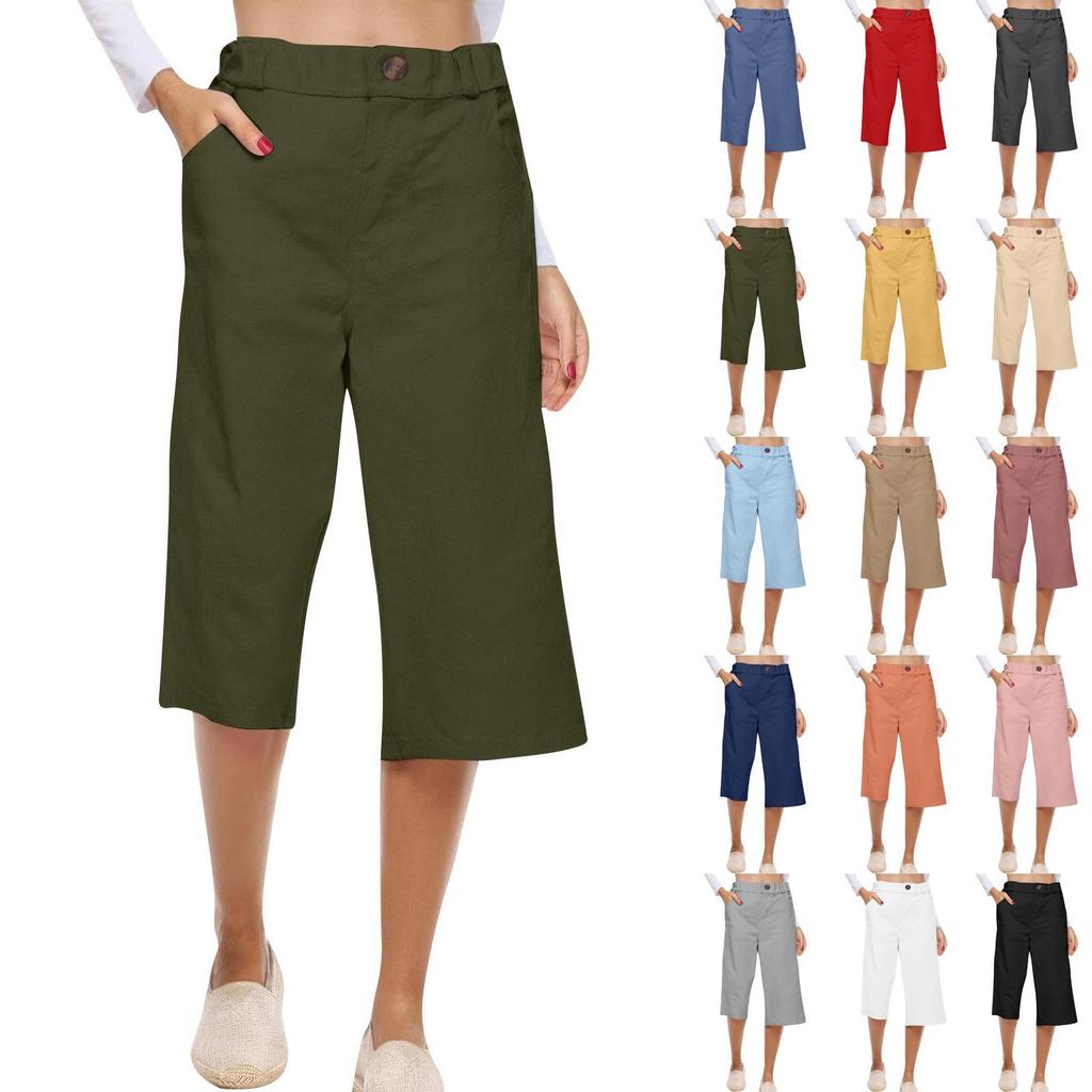 Women's Solid Color Cotton And Linen Fashionable Loose High Waist Cropped Casual Pants