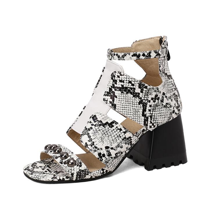 FOREADA Women Sandals Thick High Heels Round Toe Rivets Zipper Fashion Party Summer Shoes Black Brown Blue White 33-46