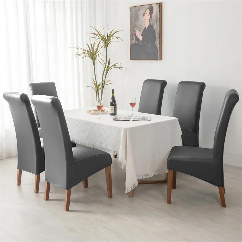 1PC Stretch Dining Chair Cover PU Leather Waterproof Chair Slipcovers Long Back Solid Color Seat Covers Banquet El Decor