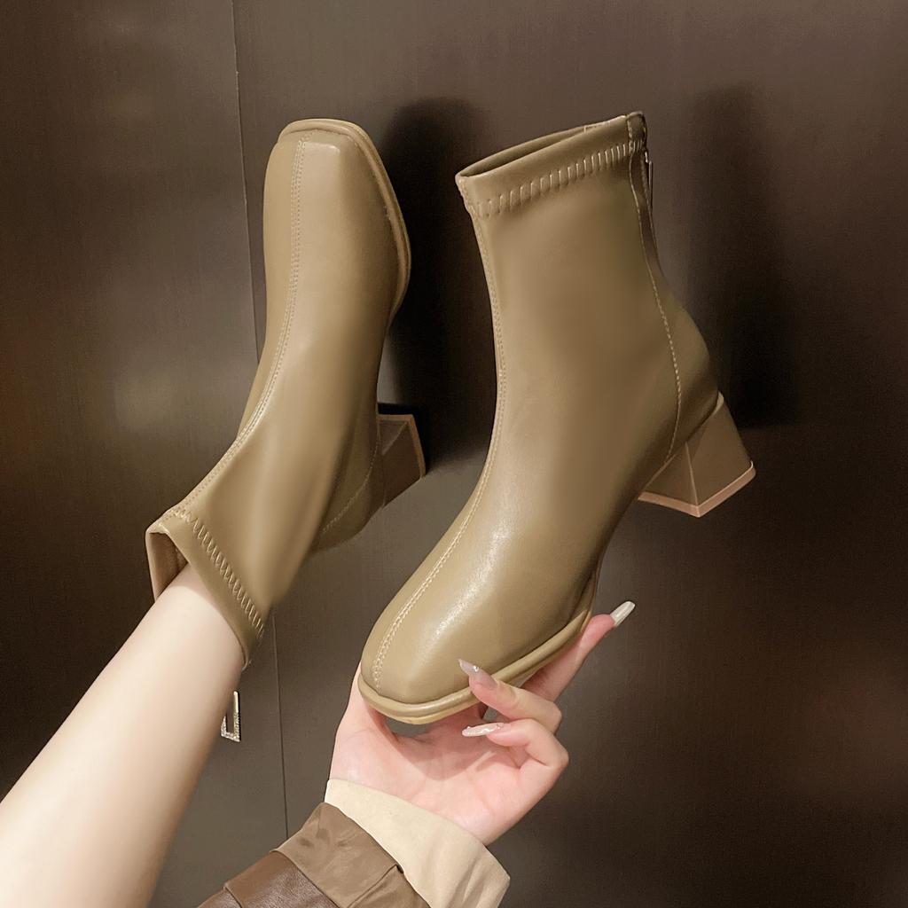 2025 Autumn and Winter New Korean Version Velvet Martin Boots Women's Head Thick Heel Short Boots Versatile Rear Zipper Elastic Thin Boots