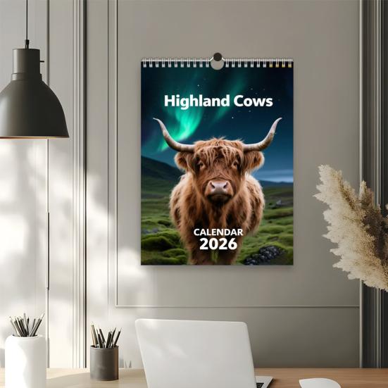 Highland Cow Calendar 2026 Jan 2026 - Dec 2026 12 Month Planner Scottish Wall Art Decor for Home Office