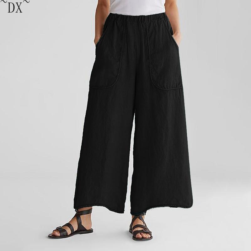 DX~~ Cotton Linen Wide-leg Pants, Mid-rise Casual Pants, Large Pocket Trousers