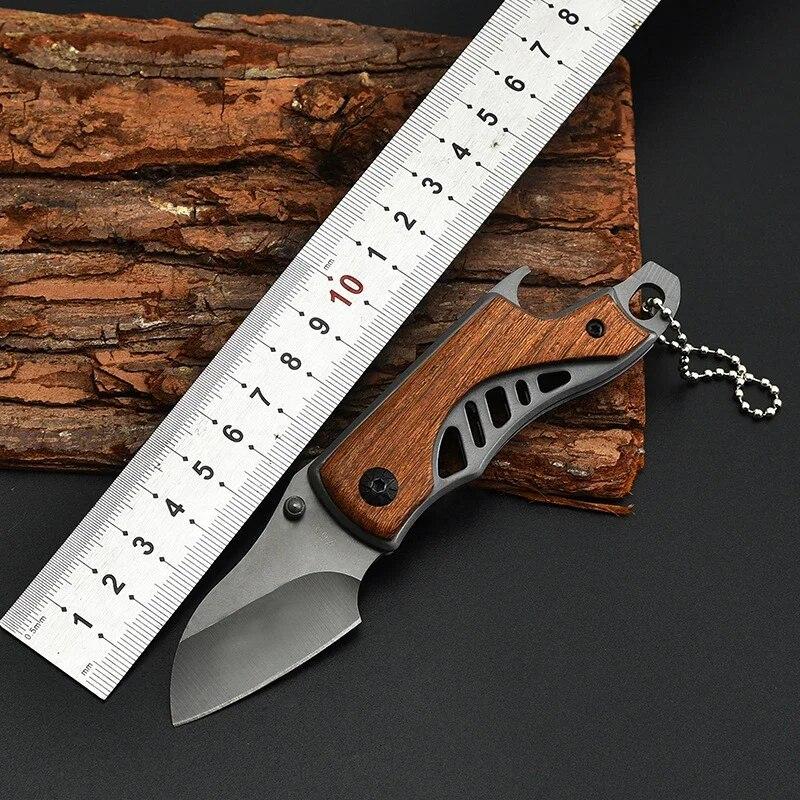 Stainless Steel Mini Folding Knife Portable Outdoor Knife Bottle Opener Multifunctional Knife Outdoor Survival Knife Wooden Handle Pocket Knife