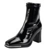 Autumn Winter Ankle Boots Women New Front Zipper Decoration Shoes Pantent Leather Square Toe Solid Thick High Heel Short Boots