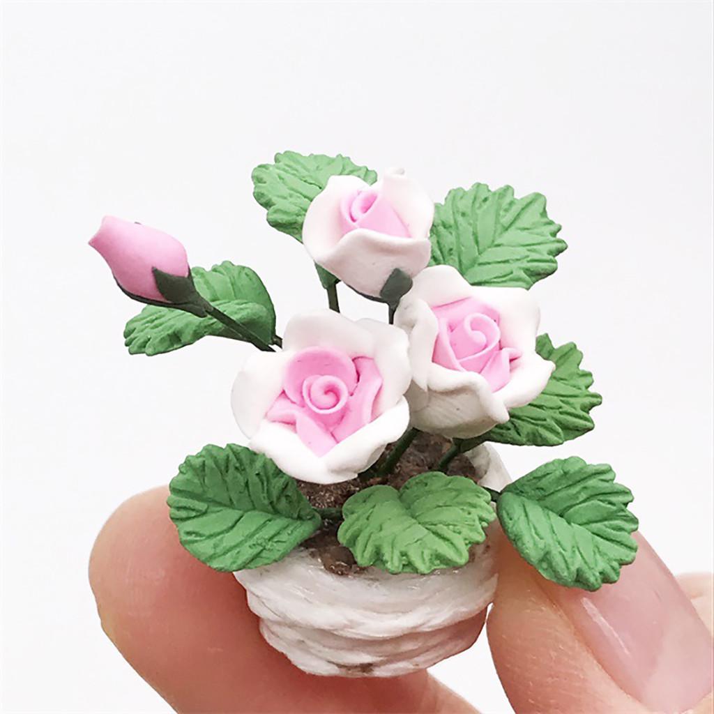 (Precious memory)Mini Dollhouse Miniature Green Plant Flower In Pot Fairy Garden Accessory
