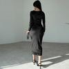 Lady Evening Dress Slim Fit Pleated Bateau Neck Long Sleeve Pure Color Midi Dress Sheath Calf Length Prom Cocktail Party Dress