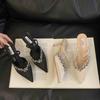Half-tow High Heels Autumn Rhinestone Thin Heel Champagne One-word with Pointed Toes and High-heeled Slippers