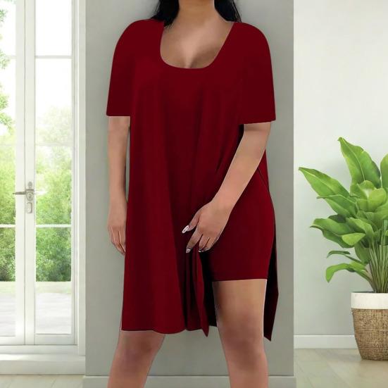 Women Plus Size 2 Piece Outfits Side Split Short Sleeve Tunic Tops And Skinny Biker Shorts Sets Summer Lounge Tracksuit