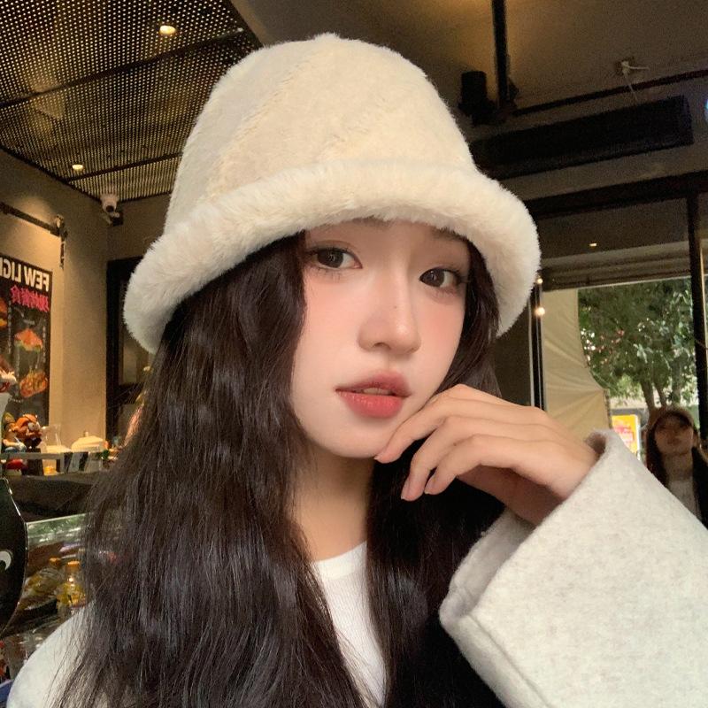 Plush Bucket Hat Women's Big Head Circumference Basin Hat Fashionable Versatile Winter Warm Bucket Hat