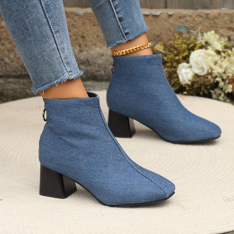 Fashion Shoes Female 2024 Fashion Zipper Women's Boots Winter Denim Square Toe Solid Short Barrel Chunky Heel Casual Nude Boots Zapatos