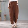 Women Casual Elastic Waist Loose Cotton Cropped Pants