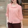 Women Casual Doll Collar Solid Color Loose 3/4 Sleeve Blouse