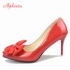 Aphixta Bling Crystals Bow Flowers Pointed Toe Red High Heels Women Patent Leather Butterfly-knot Pumps Big Size 45 46 47 48